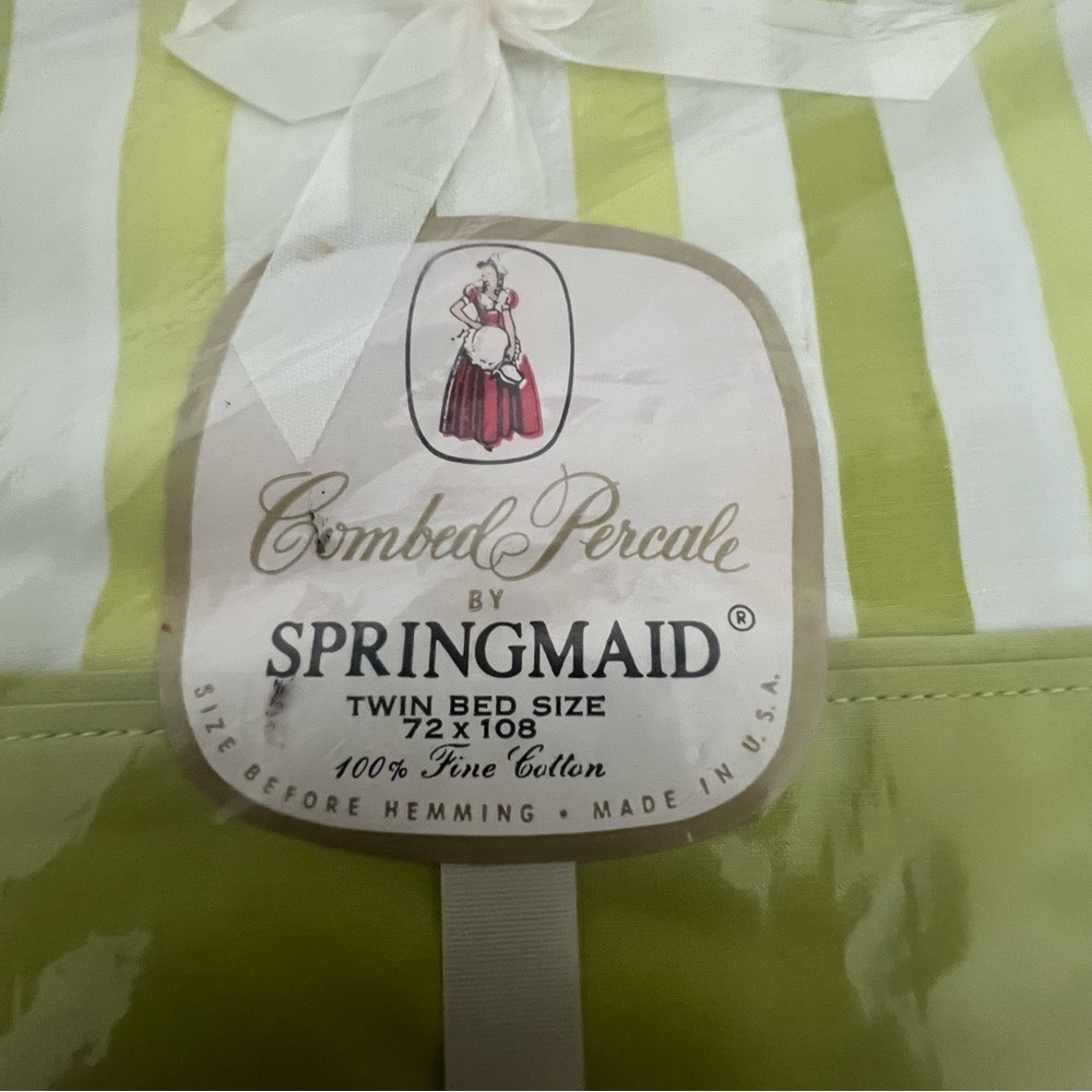 Springmaid Combed Percale Twin Flat Vintage Green and White Striped Sheet New - Picture 2 of 3